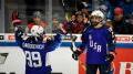 Melissa Sasmos Kevich, left, and Annie Pankowski of the USA celebrate a goal during the 2019 IIHF Women's World Championships 